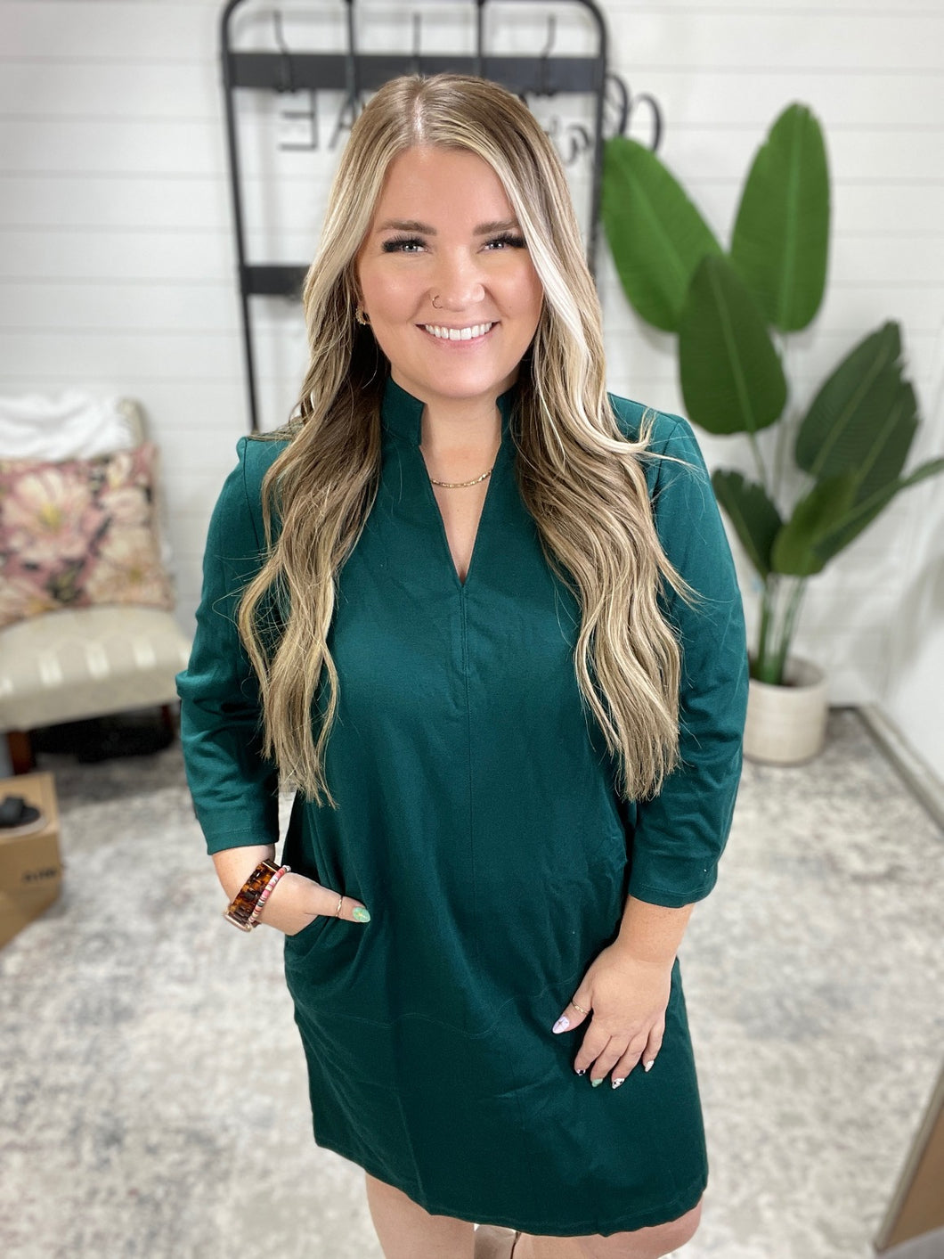 Portfolio Quarter Sleeve Dress in Hunter Green