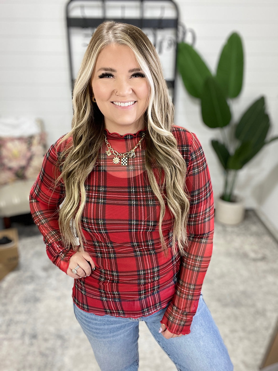 In the Present Plaid Mesh Layering Top in Red