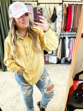 Load image into Gallery viewer, French Terry Oversized Half Button Pullover in Dusty Yellow