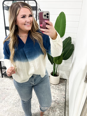 Collared V-Neck Longsleeve Ombre Dip Dye in Cream