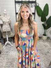 Load image into Gallery viewer, Paint Me Pretty Square Neck Dress in Lime, Blue and Tangerine