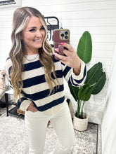 Load image into Gallery viewer, Navy &amp; Cream Striped Crewneck Sweater