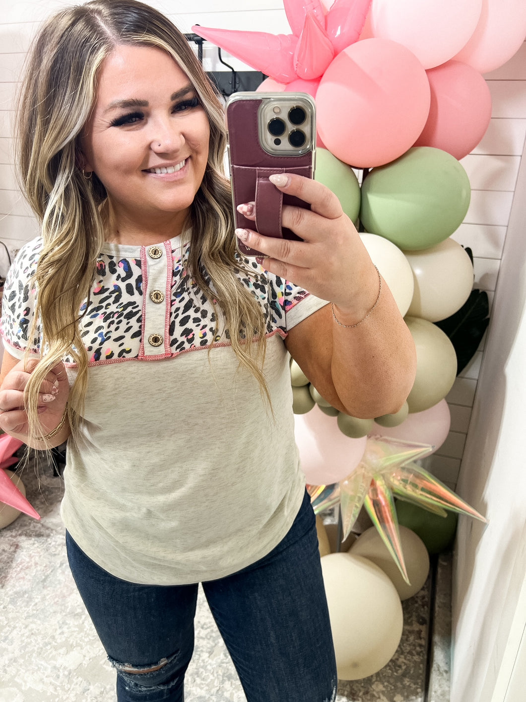 Exposed Seam Leopard Short Sleeve T-Shirt