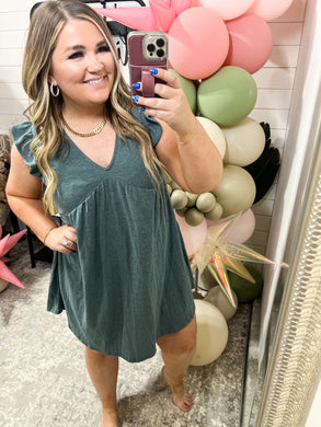 French Terry Dress with Flutter Sleeves in Teal