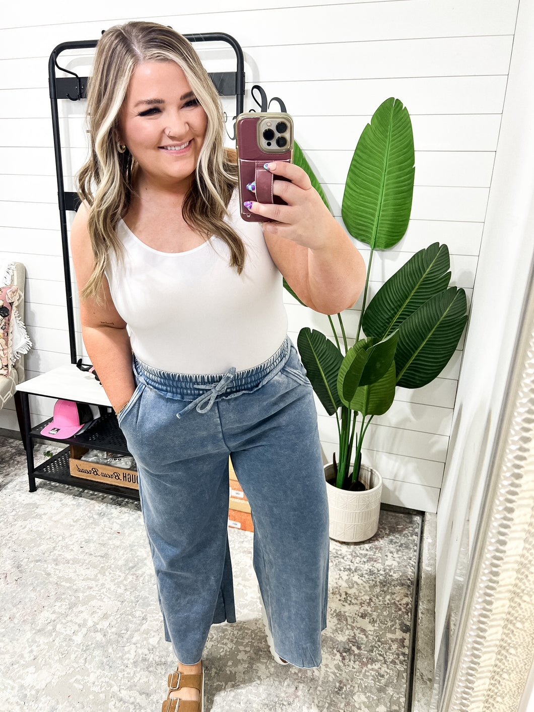 In or Out Wide Leg Cropped Pants Blue Grey