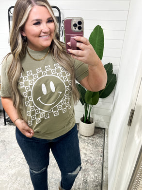 Checkered Flower Happy Face Graphic Tee