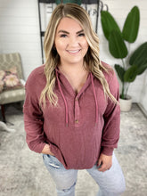 Load image into Gallery viewer, Happier Now Henley Hoodie in Burgundy