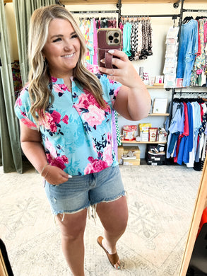 Lizzy Cap Sleeve Top in Blue Pink Floral