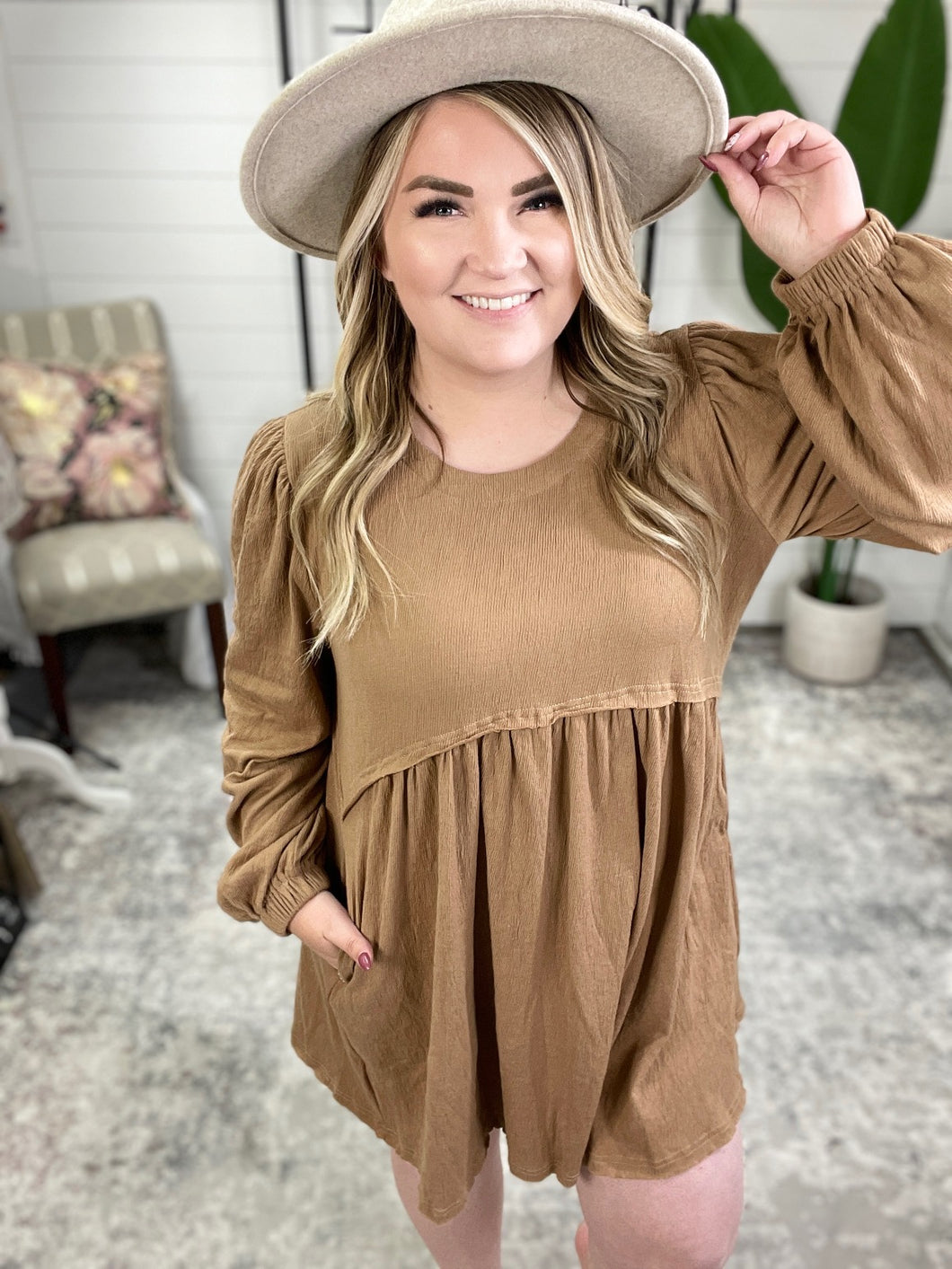 Knit Babydoll Dress with Pockets in Mocha