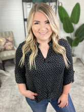 Load image into Gallery viewer, Gabby Front Top With Button Sleeve Detail In Black Polka Dots