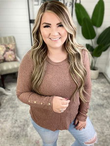 Long Sleeve Thermal Top With Button Sleeve Detail In Gingerbread