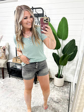 Load image into Gallery viewer, Greyson High Rise Button Fly Cuffed Shorts in Grey