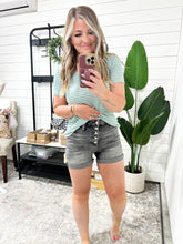 Load image into Gallery viewer, Greyson High Rise Button Fly Cuffed Shorts in Grey
