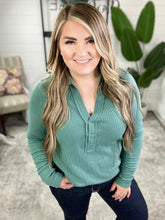 Load image into Gallery viewer, Collared Long Sleeve Thermal Knit Top In Teal