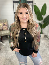 Load image into Gallery viewer, Button Front Henley With Plaid Sleeves In Black