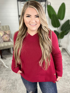 V Neck Knit Sweater With Side Button Detail In Red