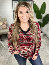 Load image into Gallery viewer, V Neck Sweater Knit Top In Red Snowflake