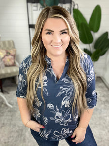Gabby Front Top With Button Sleeve Detail In Silver Slate Blue Florals