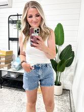 Load image into Gallery viewer, RISEN High Rise Denim Shorts with Embroidered Detail