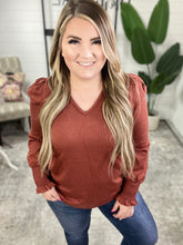 Load image into Gallery viewer, V Neck Top With Smocked Sleeve Detail In Urban Rose
