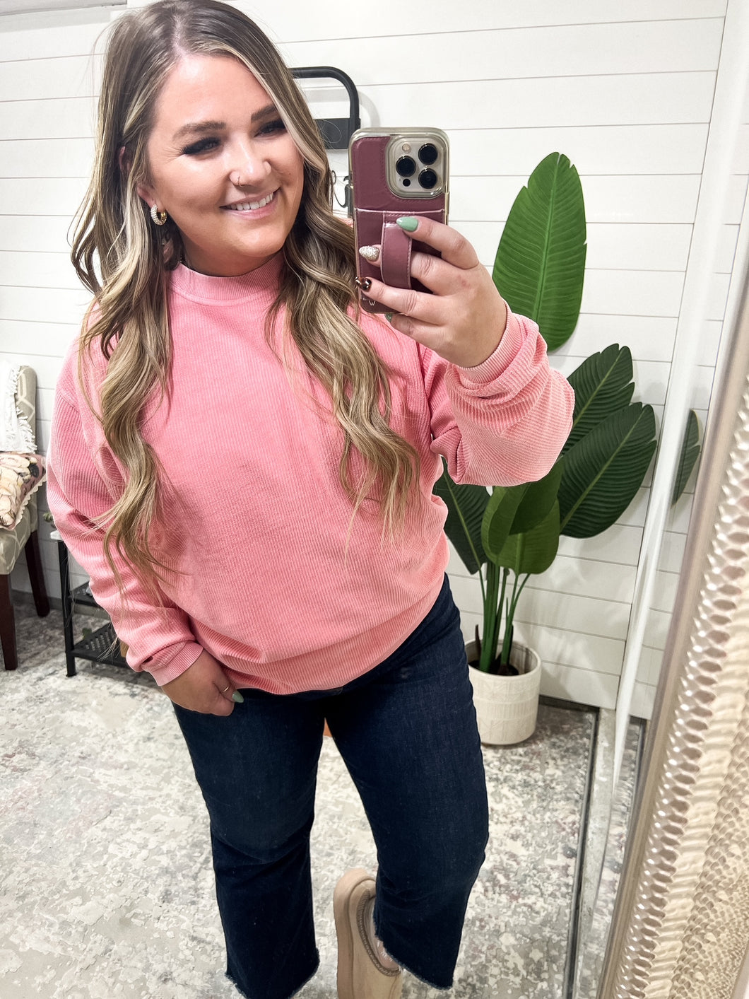 Essential Luxe Corded Crew Sweatshirt in Conch Shell