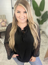Load image into Gallery viewer, Tie Front Top With Sheer Sleeve Detail In Black