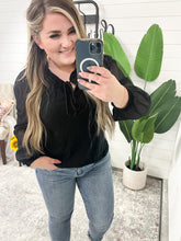 Load image into Gallery viewer, Tie Front Top With Sheer Sleeve Detail In Black