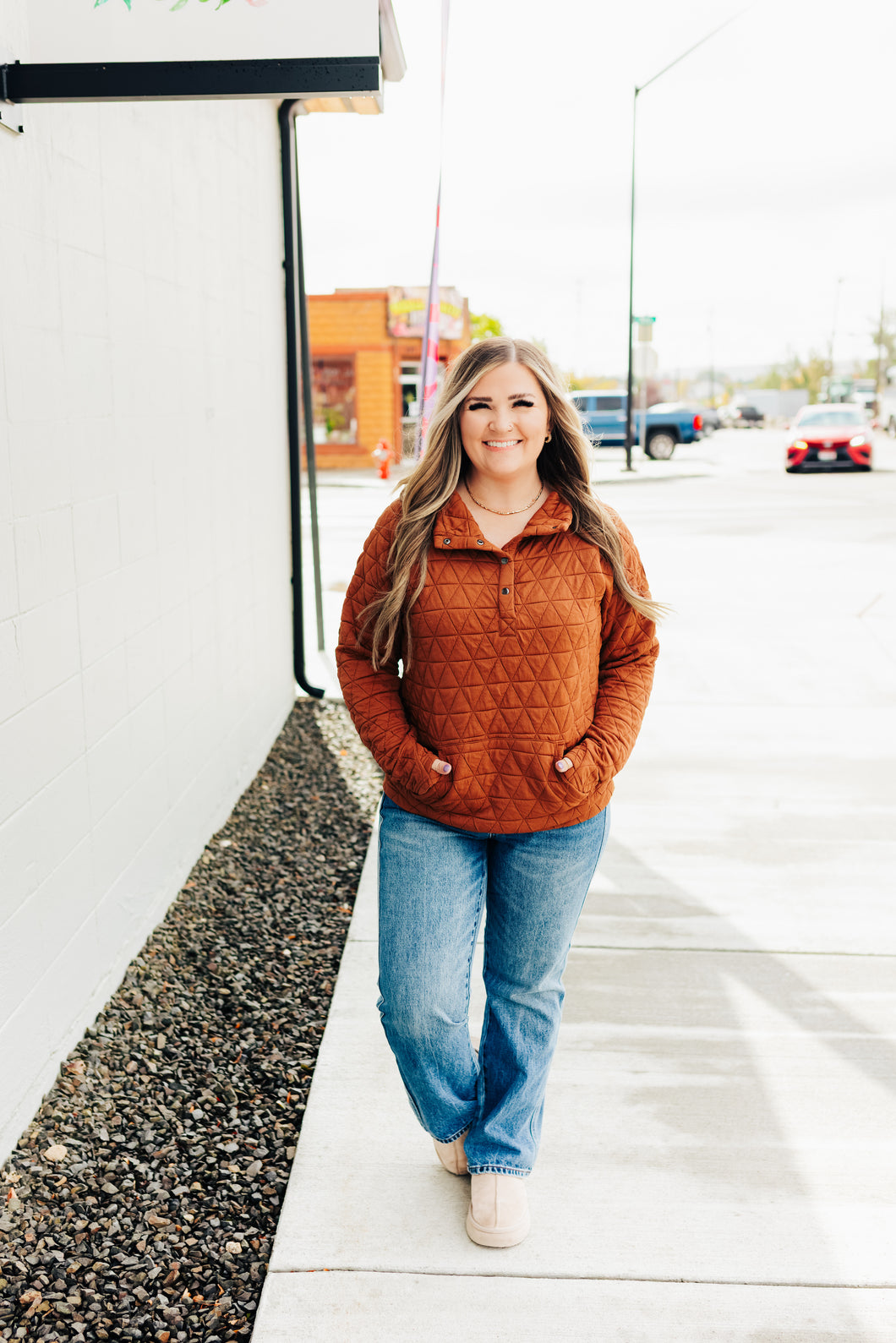 Geometric Button Snap Pullover - Rust
