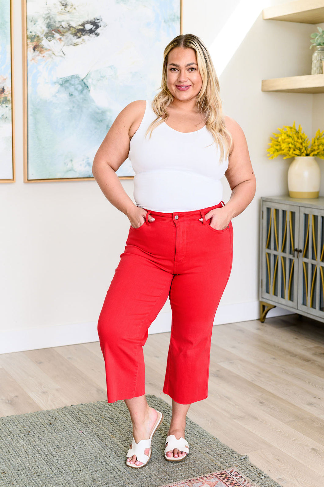 High Rise Control Top Wide Leg Crop Judy Blue Jeans in Red
