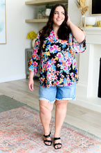Load image into Gallery viewer, Lizzy Bell Sleeve Top Black and Teal Tropical Floral
