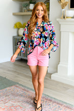 Load image into Gallery viewer, Lizzy Bell Sleeve Top Black and Teal Tropical Floral