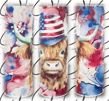 Load image into Gallery viewer, Patriotic Alcohol Ink Highland Cow 20oz Skinny Tumbler