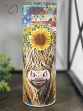 Load image into Gallery viewer, Patriotic Sunflower Highland Cow 20oz Skinny Tumbler
