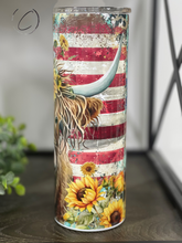 Load image into Gallery viewer, Patriotic Sunflower Highland Cow 20oz Skinny Tumbler