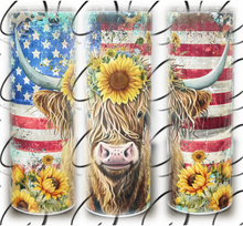 Load image into Gallery viewer, Patriotic Sunflower Highland Cow 20oz Skinny Tumbler