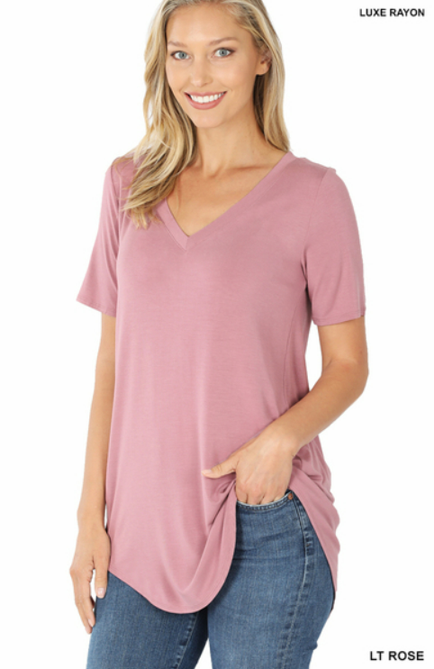 Basic Rayon Short Sleeve V-Neck Top