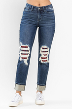 Load image into Gallery viewer, Mid Rise Buffalo Plaid Knee Destroy Patches &amp; Cuff Judy Blue Boyfriend
