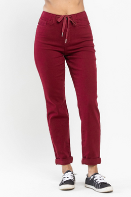 High Waisted Double Cuff Judy Blue Joggers in Scarlet