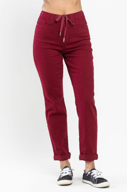 High Waisted Double Cuff Judy Blue Joggers in Scarlet