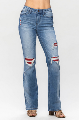 Mid-Rise Plaid Patch Detail Bootcut Judy Blue Jeans