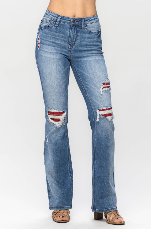 Mid-Rise Plaid Patch Detail Bootcut Judy Blue Jeans
