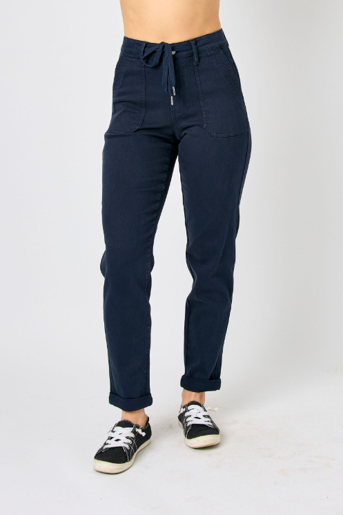 High Waisted Cuff Judy Blue Joggers in Navy