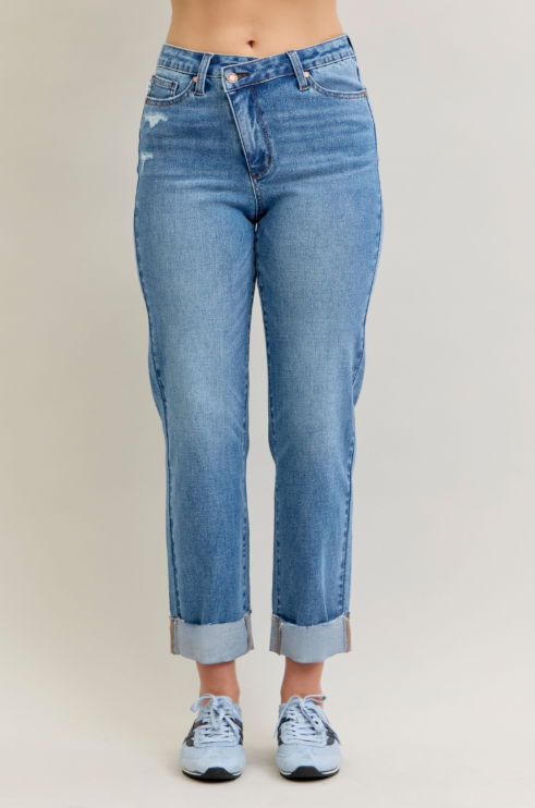 High Waist Boyfriend Criss-Cross Cuff Judy Blue Jeans