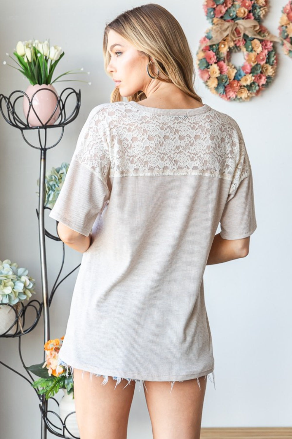 Lace Front Pocket Drop Shoulder Top in Oatmeal