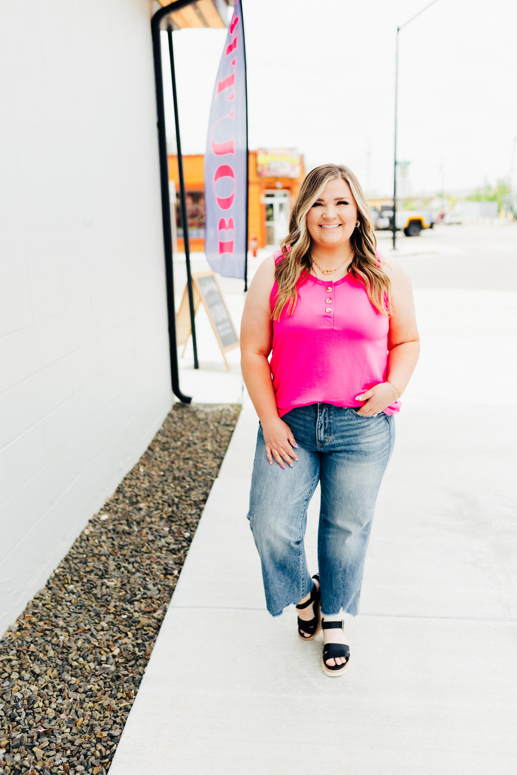 Front Button Detail Terry Cloth Tank Top in Hot Pink