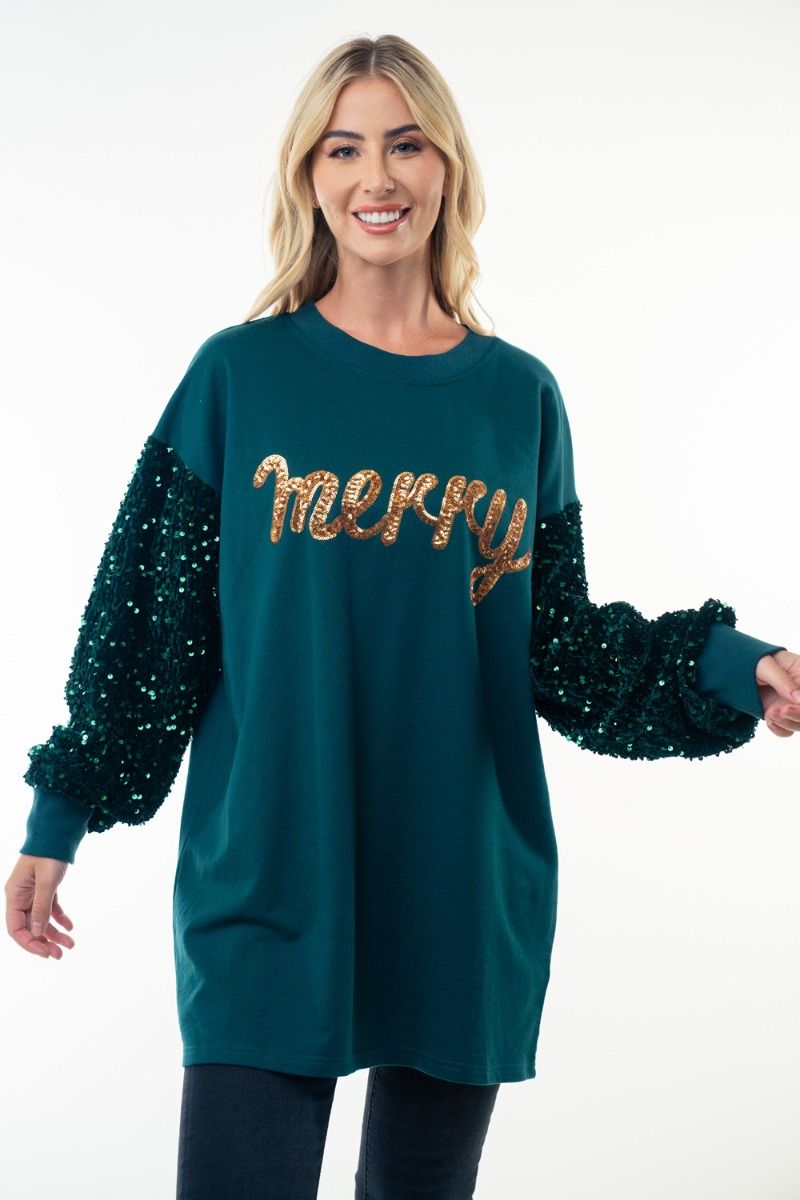 Merry Sequin Embellished Tunic Sweatshirt in Pine Green