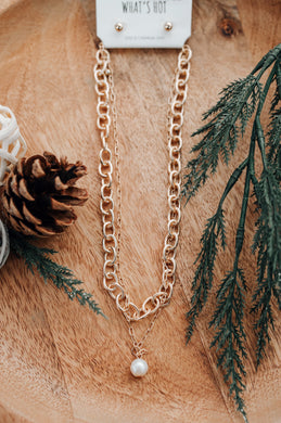 Gold Layered Necklace & Earring Set With Pearl Charm Detail