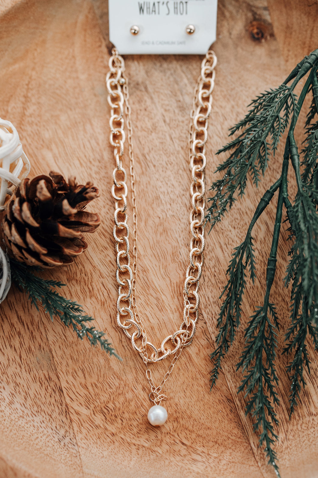 Gold Layered Necklace & Earring Set With Pearl Charm Detail