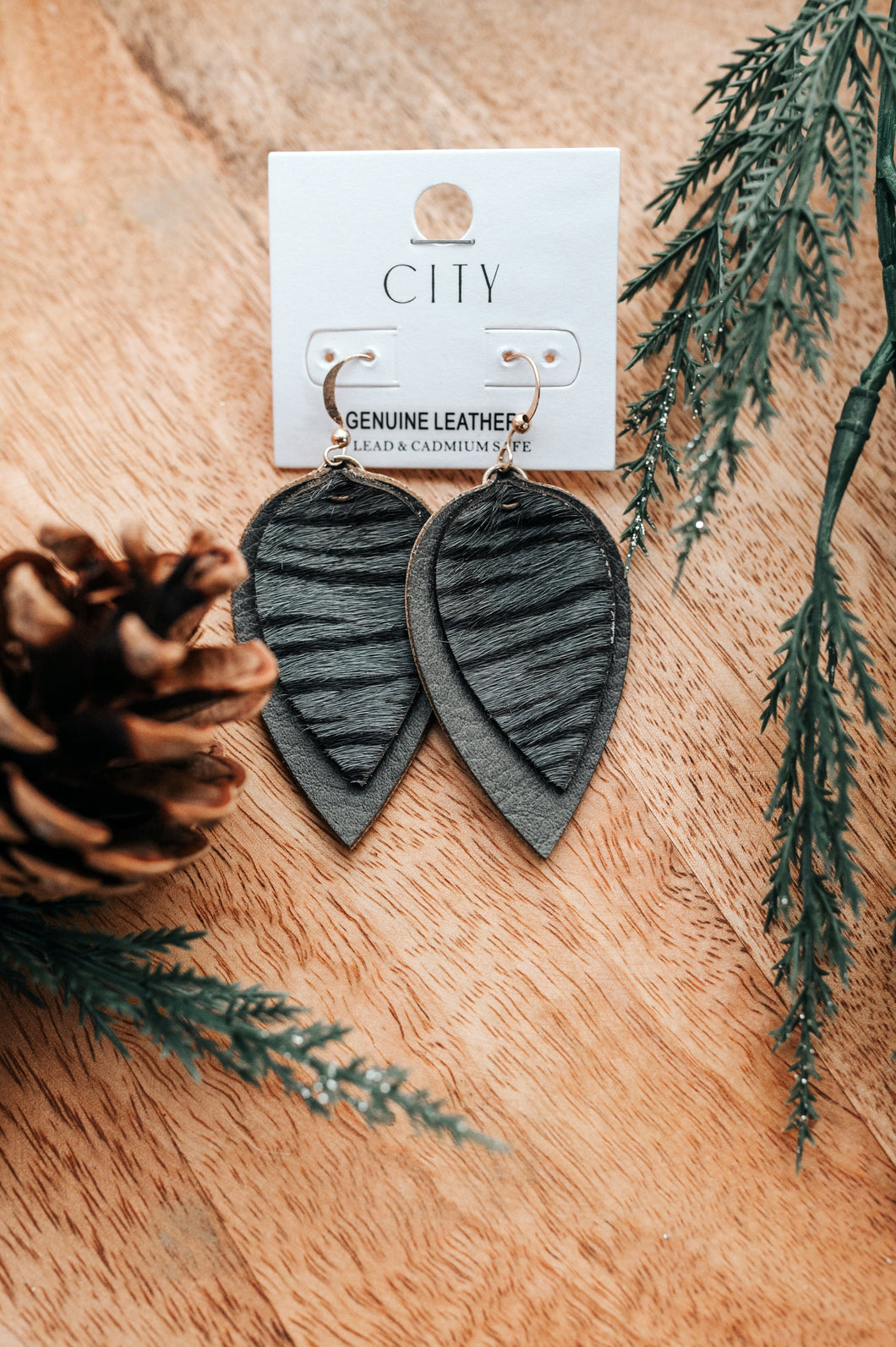 Genuine Leather Earrings With Hairon Detail