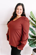 Load image into Gallery viewer, V Neck Top With Smocked Sleeve Detail In Urban Rose